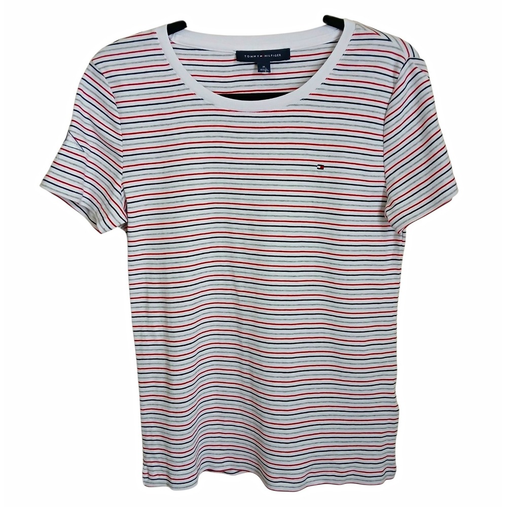 Tommy Hilfiger Womens Striped Short Sleeve Crew Neck T Shirt Size Medium M Logo